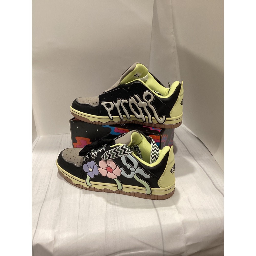 NEW Chris Pyrate and Friends Low Top Sneakers Black Grey Neon Yellow Mens 9